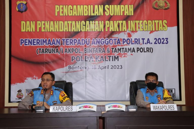 Polres Bontang melaksanakan pengambilan sumpah dan penanda tanganan Pakta Integritas  seleksi Penerimaan Terpadu Anggota Polri Tahun 2023