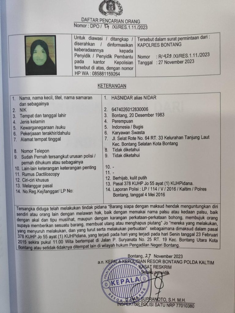 Polres Bontang Mengeluarkan Surat DPO (Daftar Pencarian Orang) Kasus Penipuan Jual Beli Rumah