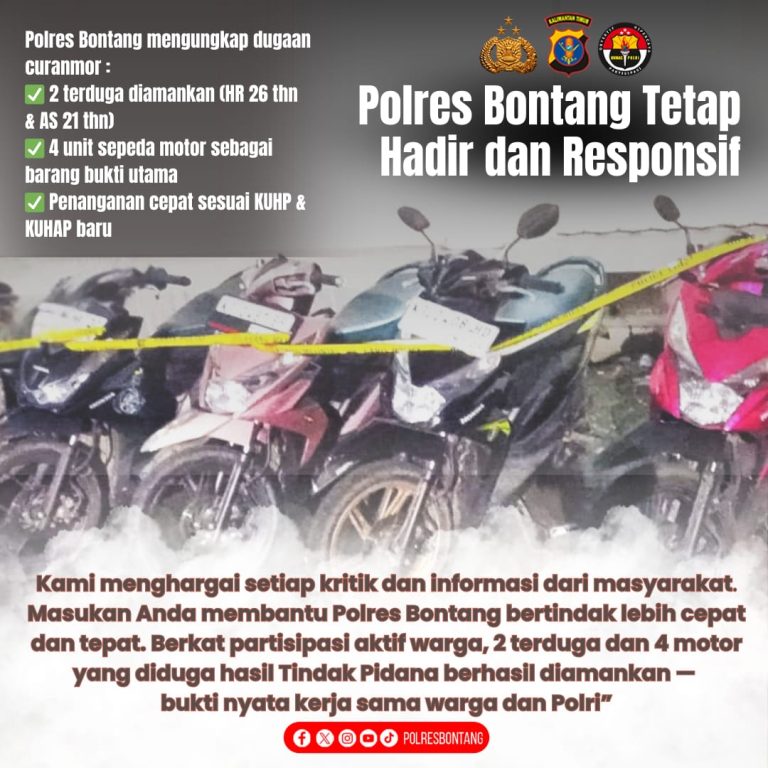 Kapolres Bontang Tegaskan Pelayanan Kepolisian Tetap Optimal, Respon dan Gerak Cepat Ungkap Dugaan Curanmor, 4 Unit Barang Bukti Diamankan