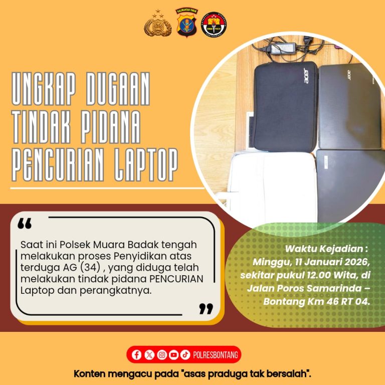 Jejak Digital Bongkar Pencurian Laptop di Muara Badak, Pelaku Diamankan Polisi