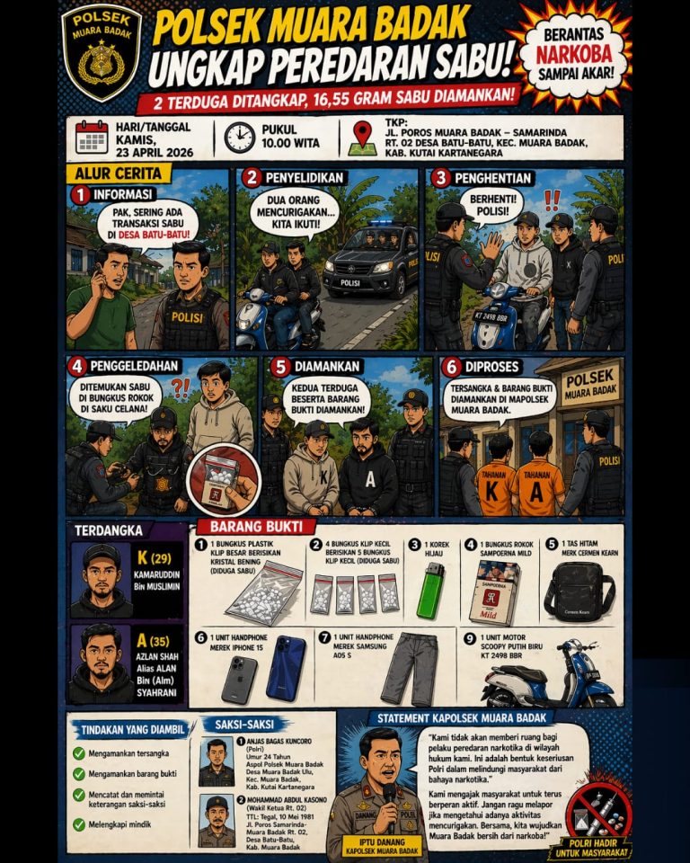 Polsek Muara Badak Bongkar Peredaran Sabu, Dua Pelaku Diamankan di Jalur Poros