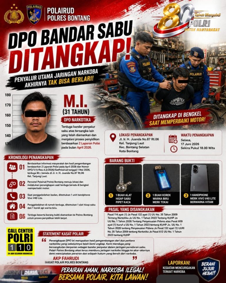 DPO Bandar Sabu Diciduk di Bengkel, Satpolair Bontang Bongkar Mata Rantai Peredaran Narkoba