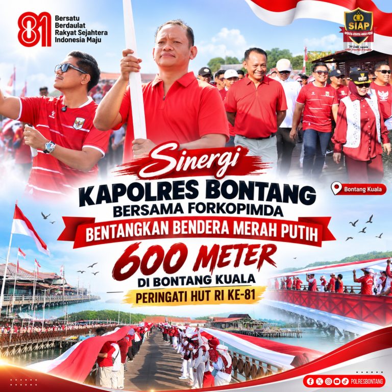 Sinergi Kapolres Bontang bersama Forkopimda Bentangkan Bendera Merah Putih 600 Meter di Bontang Kuala Peringati HUT RI Ke-81